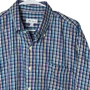 Peter Millar Button Down Shirt Mens XL Blue Pink Yellow Plaid Cotton Silk Blend